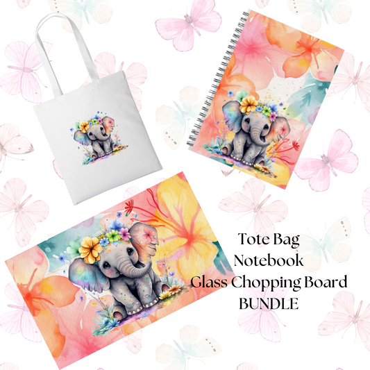 Elephant Bundle Tote Bag, Notebook and glass chopping board