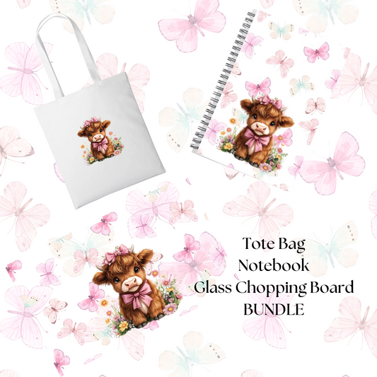 Spring Highland Cow Bundle. Notebook, Tote Bag And Glass Chopping Board